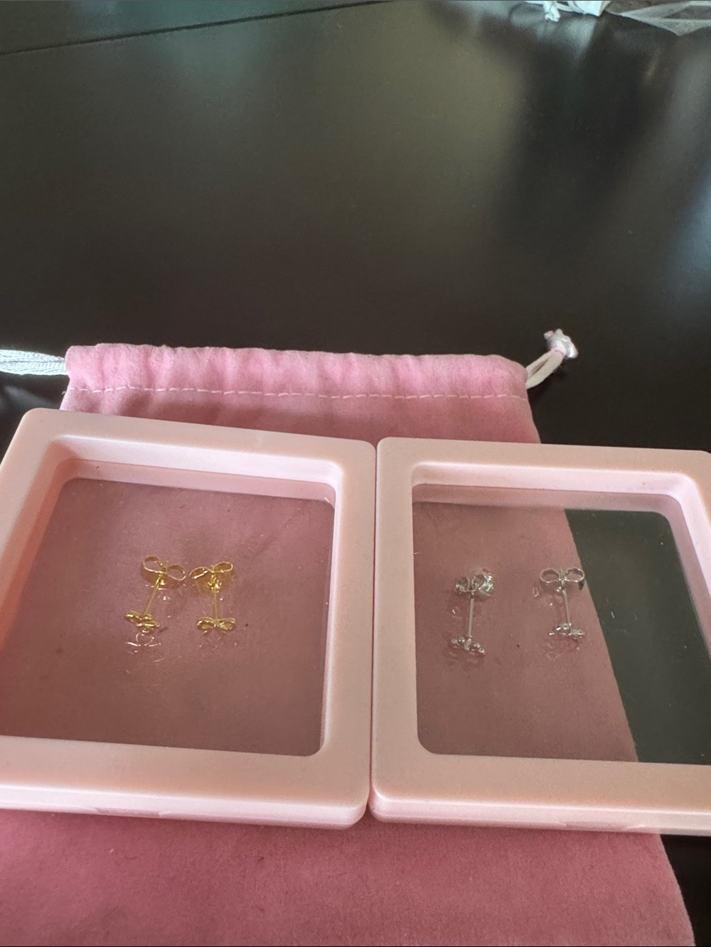 Kids Pink Bow Stud Earrings Set - Gold & Silver